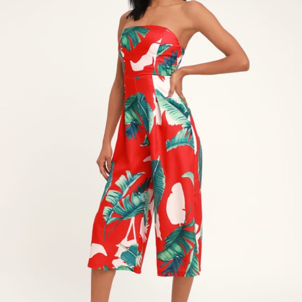 Lulu’s Rainforest Blooms Strapless Midi Jumpsuit